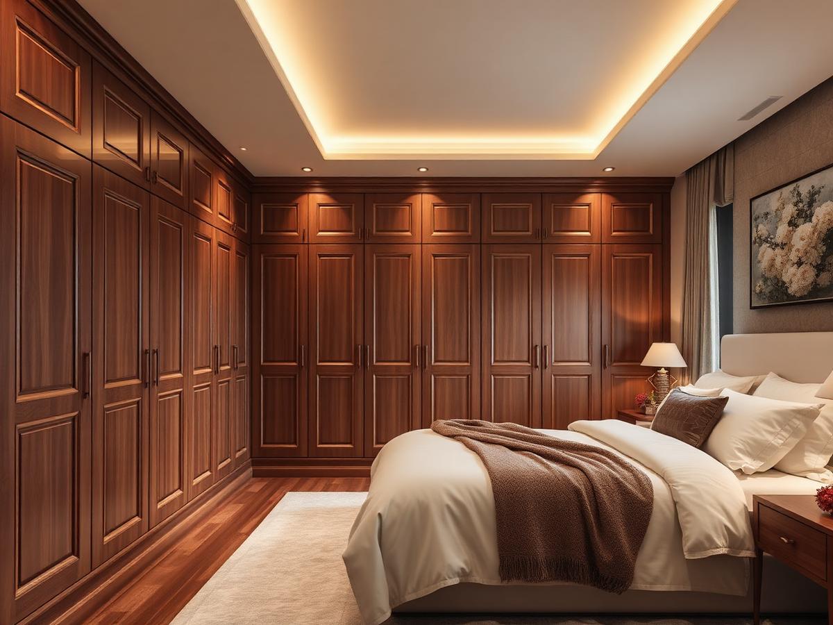 Fitted walnut bedroom with ambient lighting