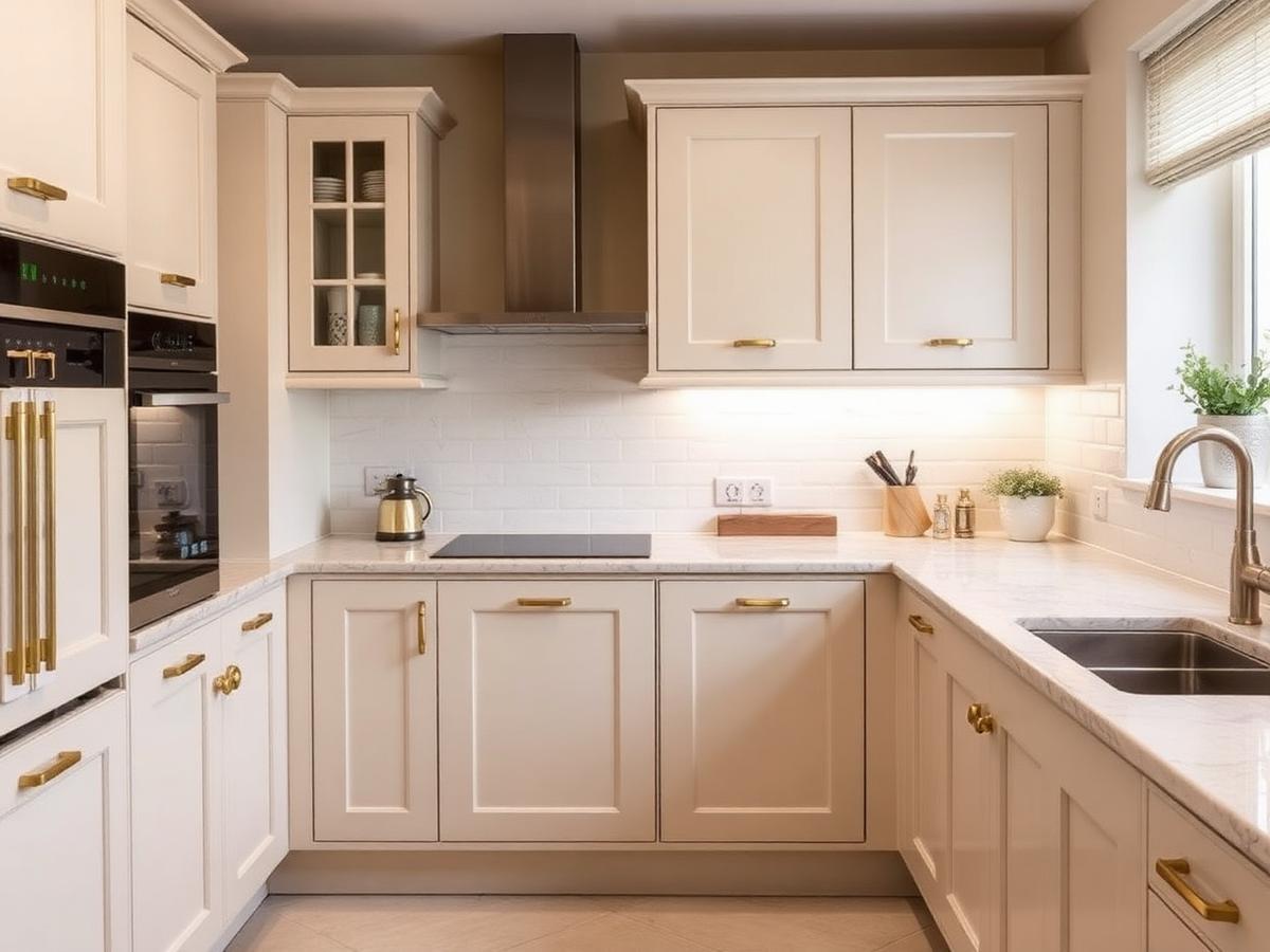 Cream shaker kitchen with brass handles and under-cabinet lighting